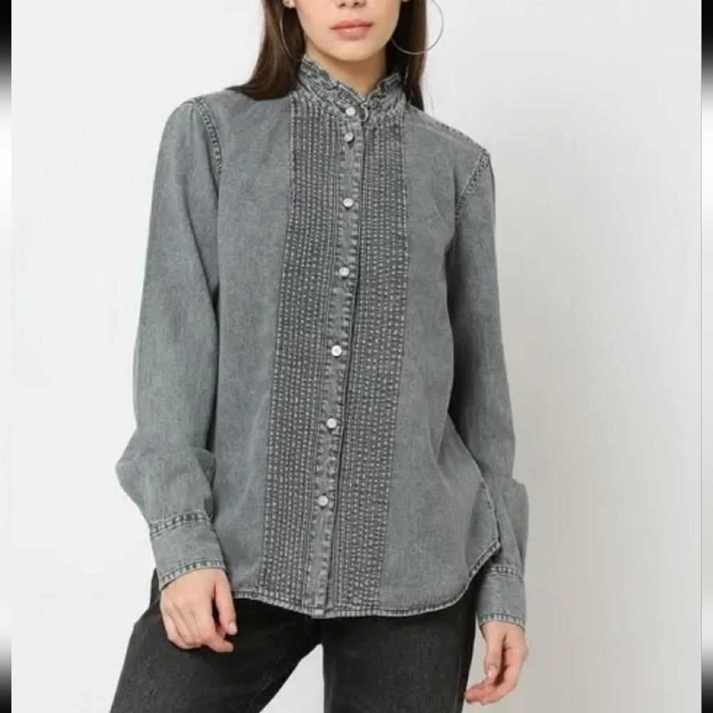 GAP Jeweled Pintuck Denim Button Up Grey Wash Shirt Size Large